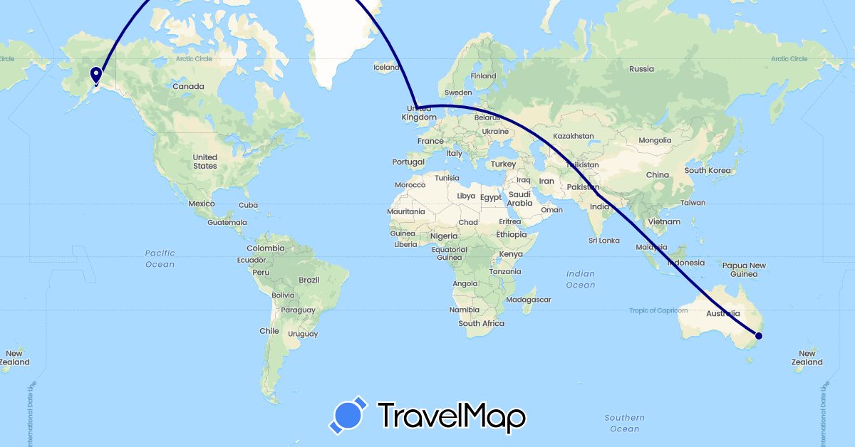 TravelMap itinerary: driving in Australia, United Kingdom, India, United States (Asia, Europe, North America, Oceania)